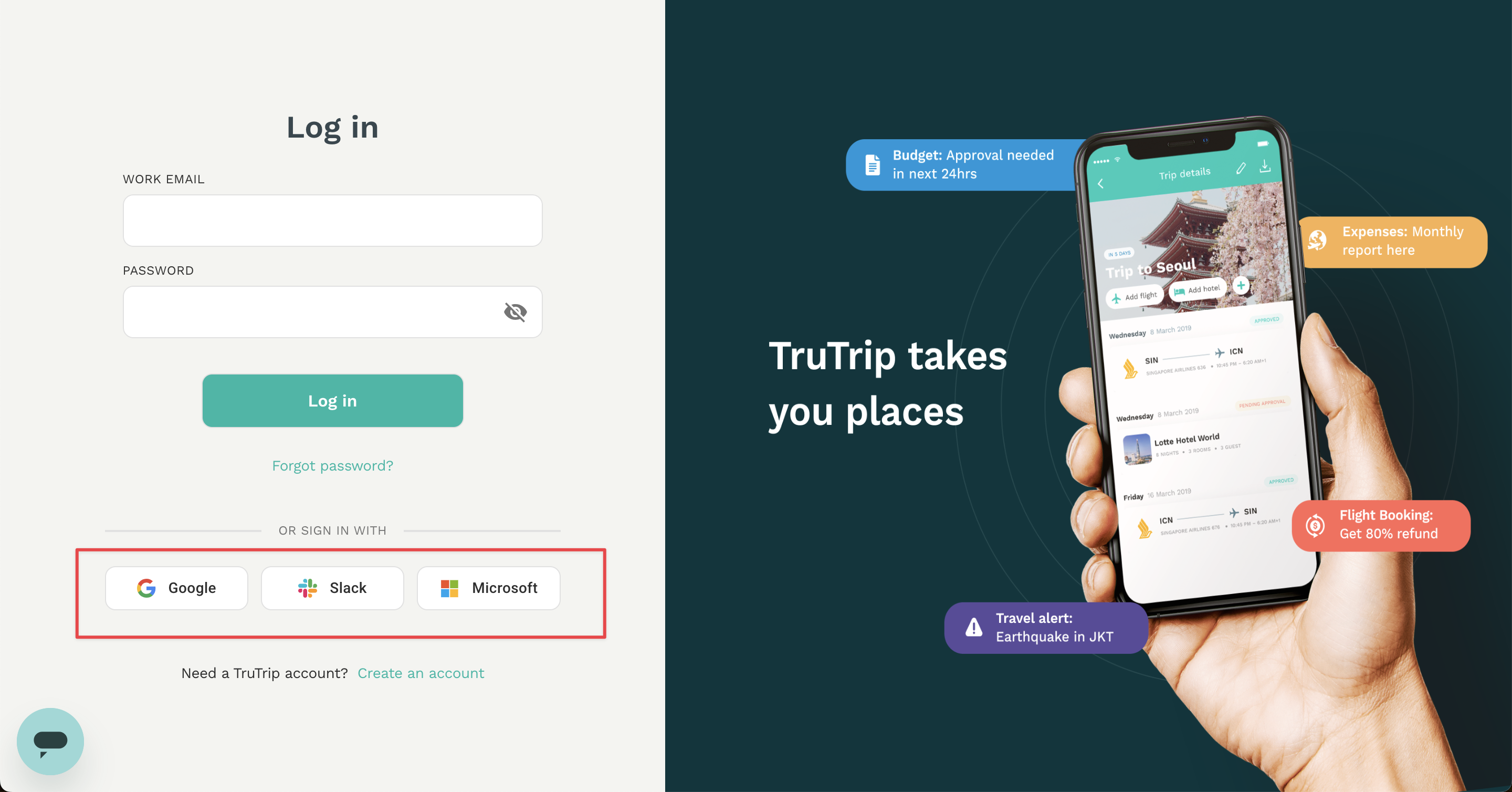 gambar yang menunjukkan tempat Anda dapat masuk dengan SSO di TruTrip untuk Google Slack dan Microsoft.png